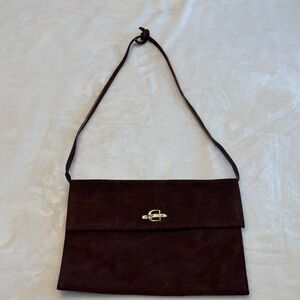 Vintage Suede Brown Clutch or Handbag Gold Tone Hardware Gold Buckle BOHO Sassy!